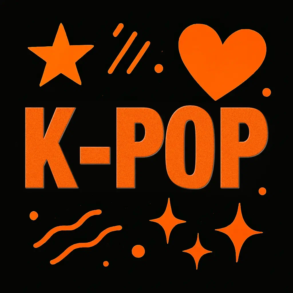 Grafica promozionale per il corso "K-Pop" con sfondo nero e accenti arancioni. La scritta "K-POP" è al centro, in caratteri bold e moderni, circondata da elementi grafici astratti come stelle, cuori e linee dinamiche. Lo stile richiama estetica pop digitale, con un tocco urbano e giovanile