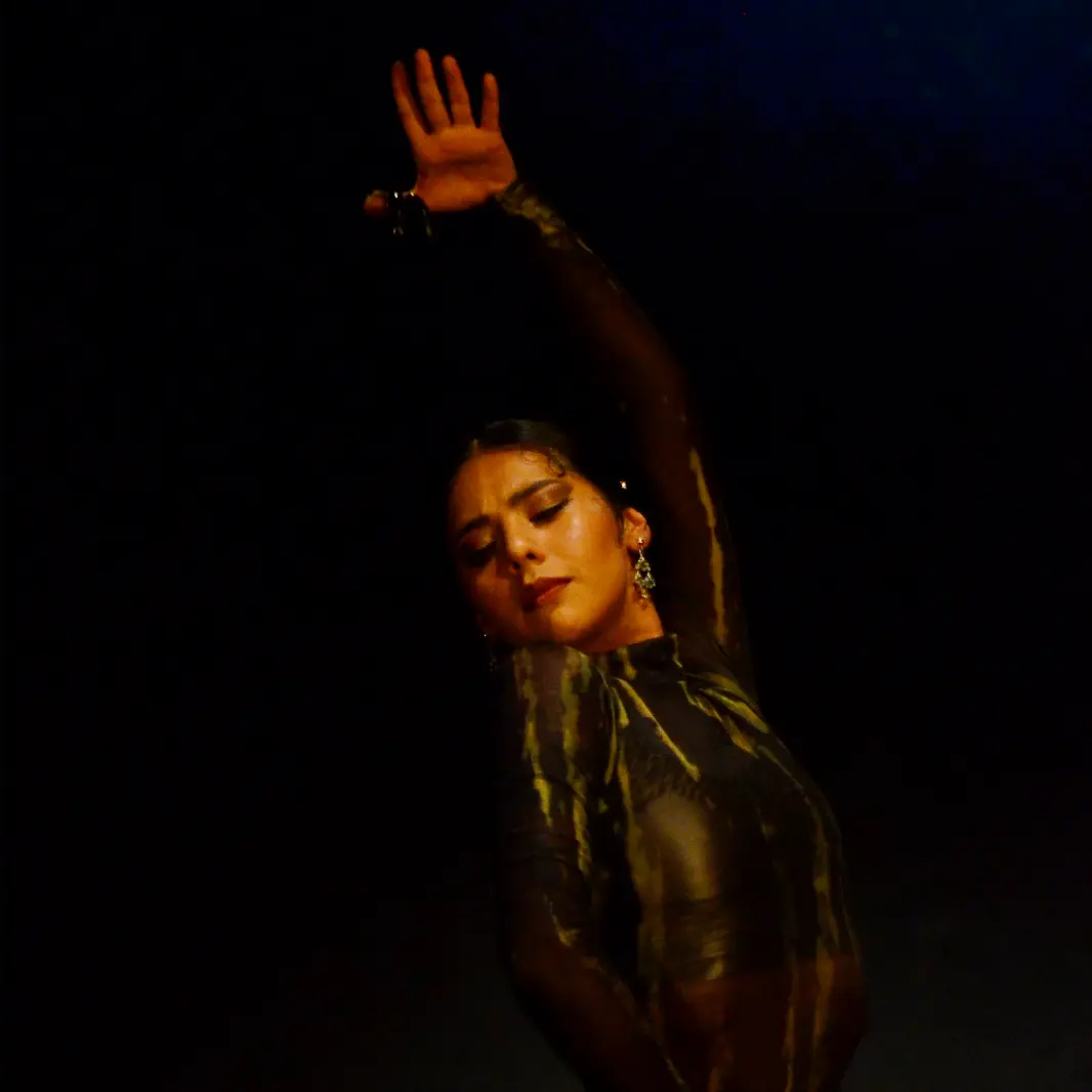 Insegnante di flamenco e danza spagnola stilizzata Karen Sánchez durante una lezione di danza spagnola stilizzata